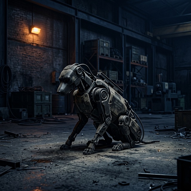 Robotic dog in dark warehouse — Pentagon sustainment metaphor
