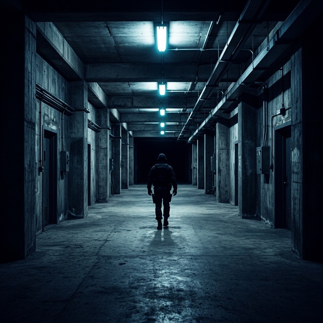Silhouette in dark institutional corridor