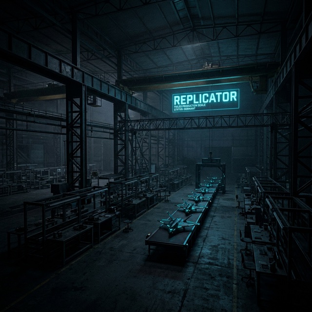 Dark factory floor with Replicator program sign