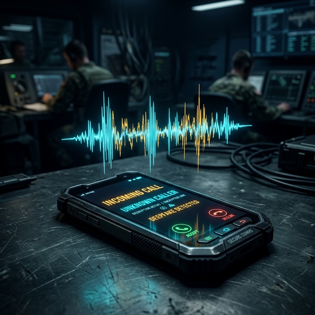Military phone with voice waveform — deepfake threat